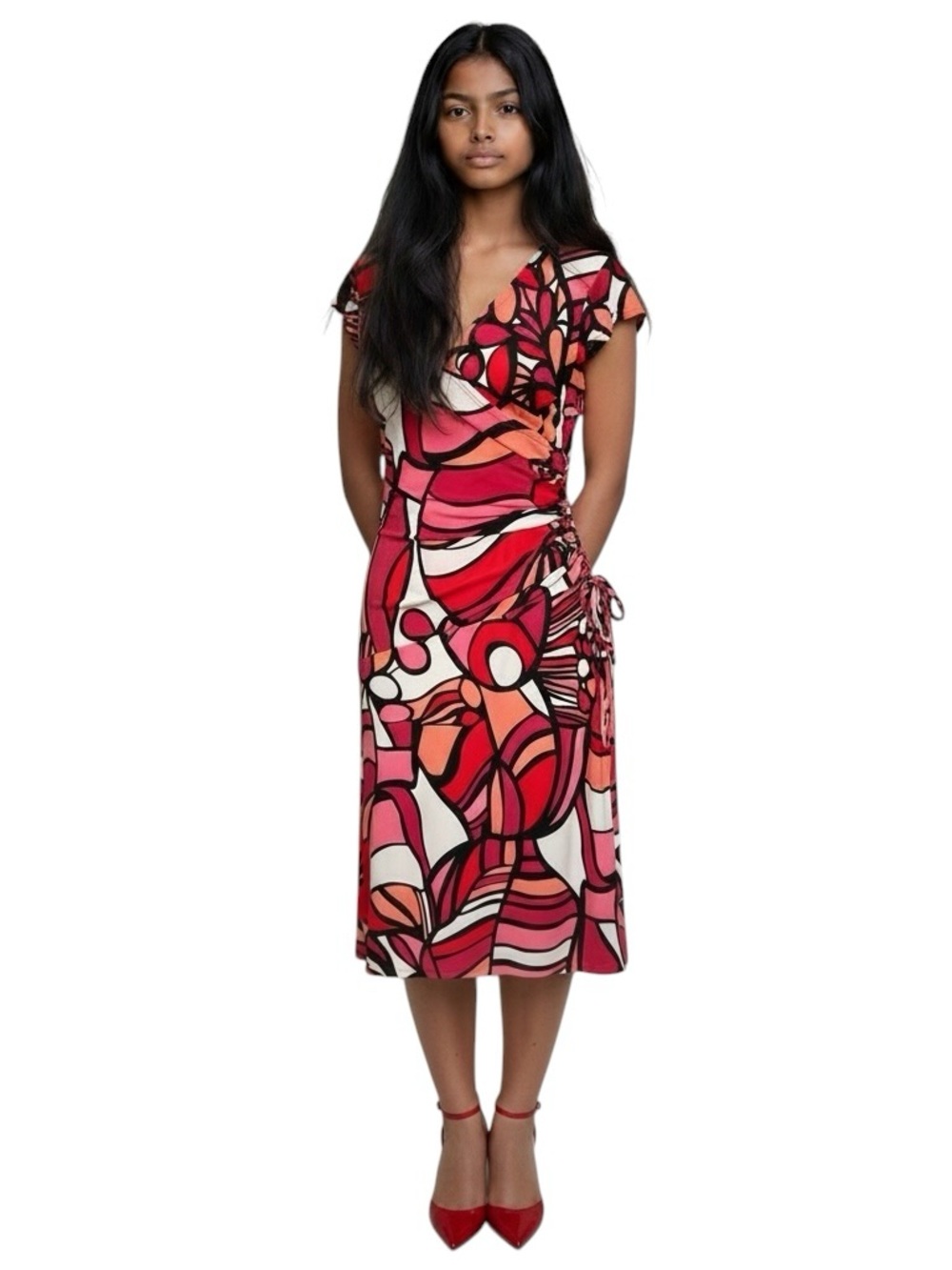 Evan Picone Wrap Dress Size 2P Abstract Print Red Pink Ruching Stretchy Retro